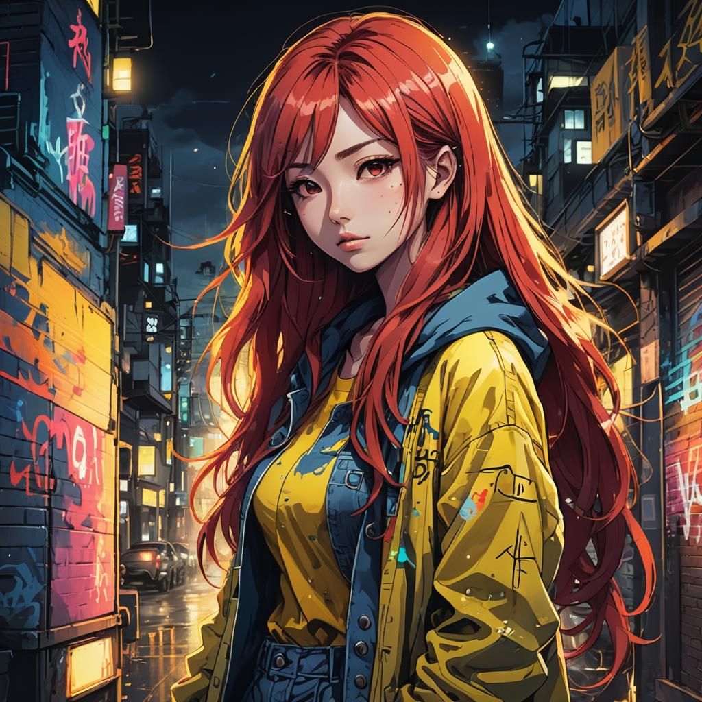 Anime Portrait of Woman with Red Hair in Graffiti Style