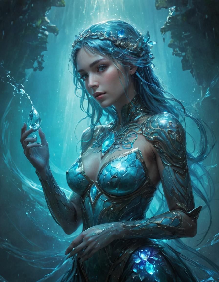 Aqua Aria: Water Goddess in Cyberpunk Art Nouveau Style