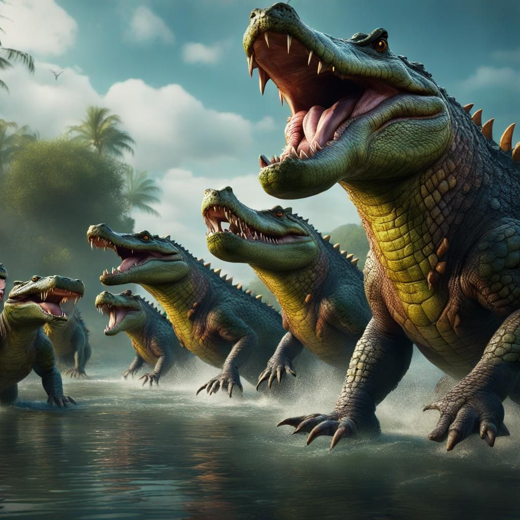 an army of crocodiles emerging from a river on their two hin...