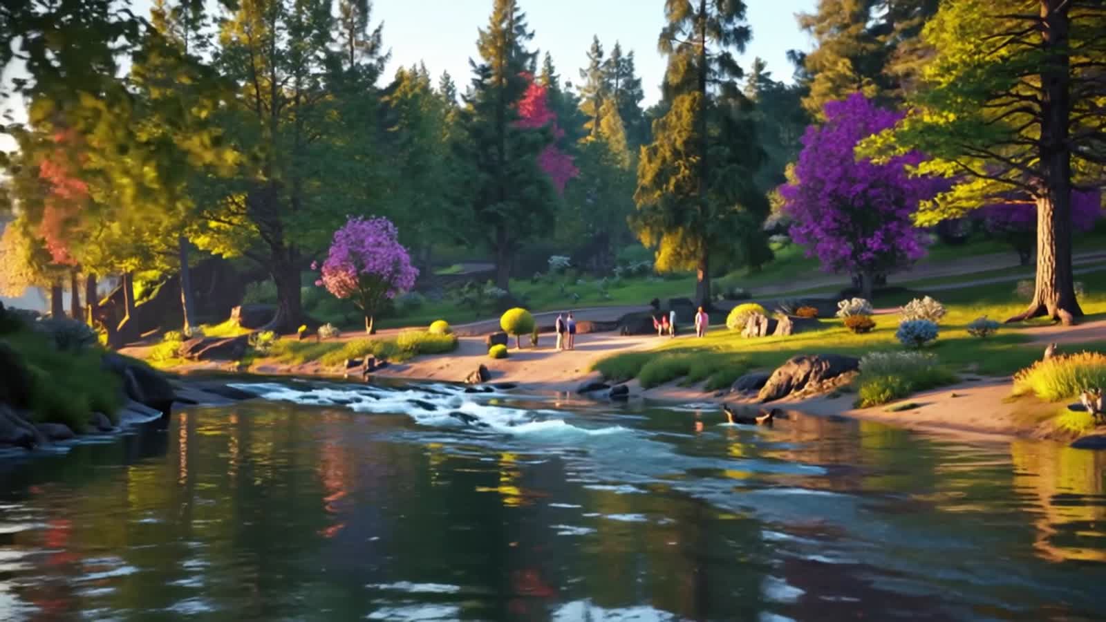 flowing river scene and woodland animals roam about the sunny river bank and a family walk by in the distance, hyper pho...