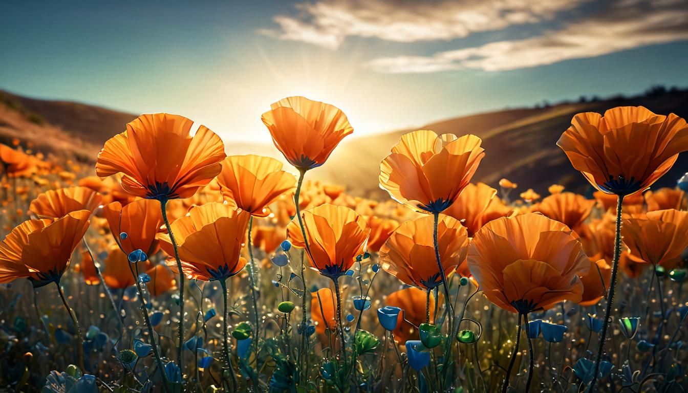 🌺🌇☀️🌈🌺 Surreal field glass California poppies full bloom, rolling hillside  by @PatrickF