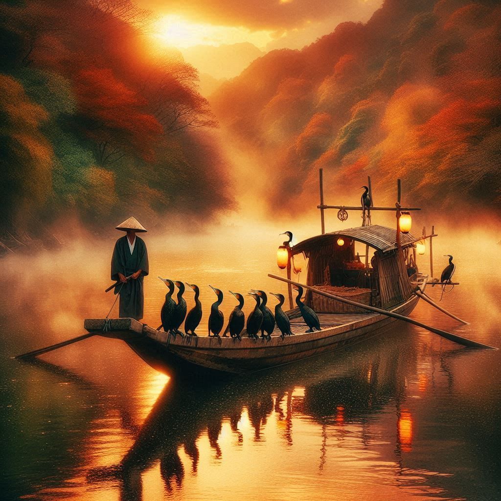a traditional Japanese cormorant fishing boat drifting down ...