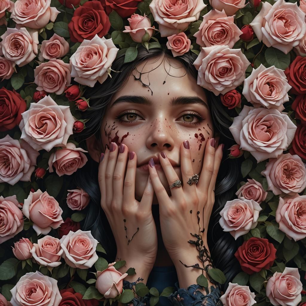 hyperrealistic hand on face with only her peeking she is sur...
