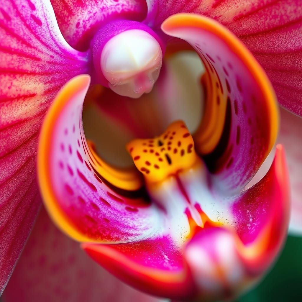 Macro view of the surface of an orchid pistil, extreme close-up, intricate textures, vibrant colors, ...  by @My_project