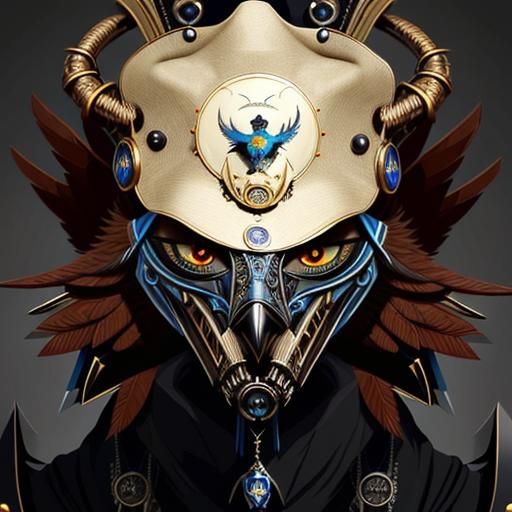 Close up of a bird wearing a hat, vector art, fantasy art, blue metal, plague mask, steampunk. Dark fantasy. Intricate, mysterious, by Adam...