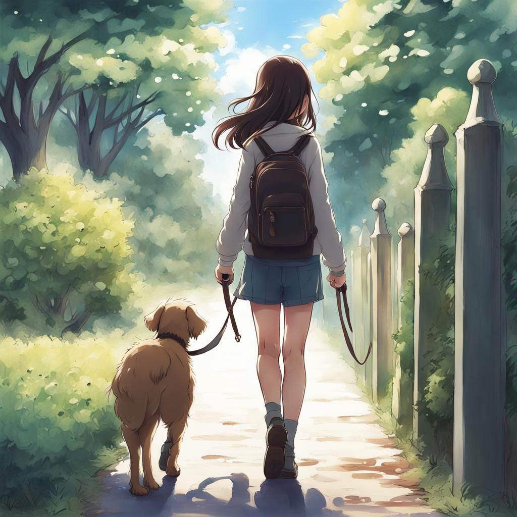 A girl and his dog going on a walk 