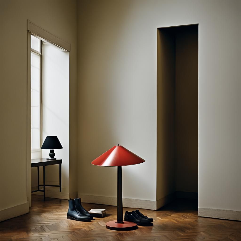 objects in a minimal room, in the style of Serge Moreno Cohe...