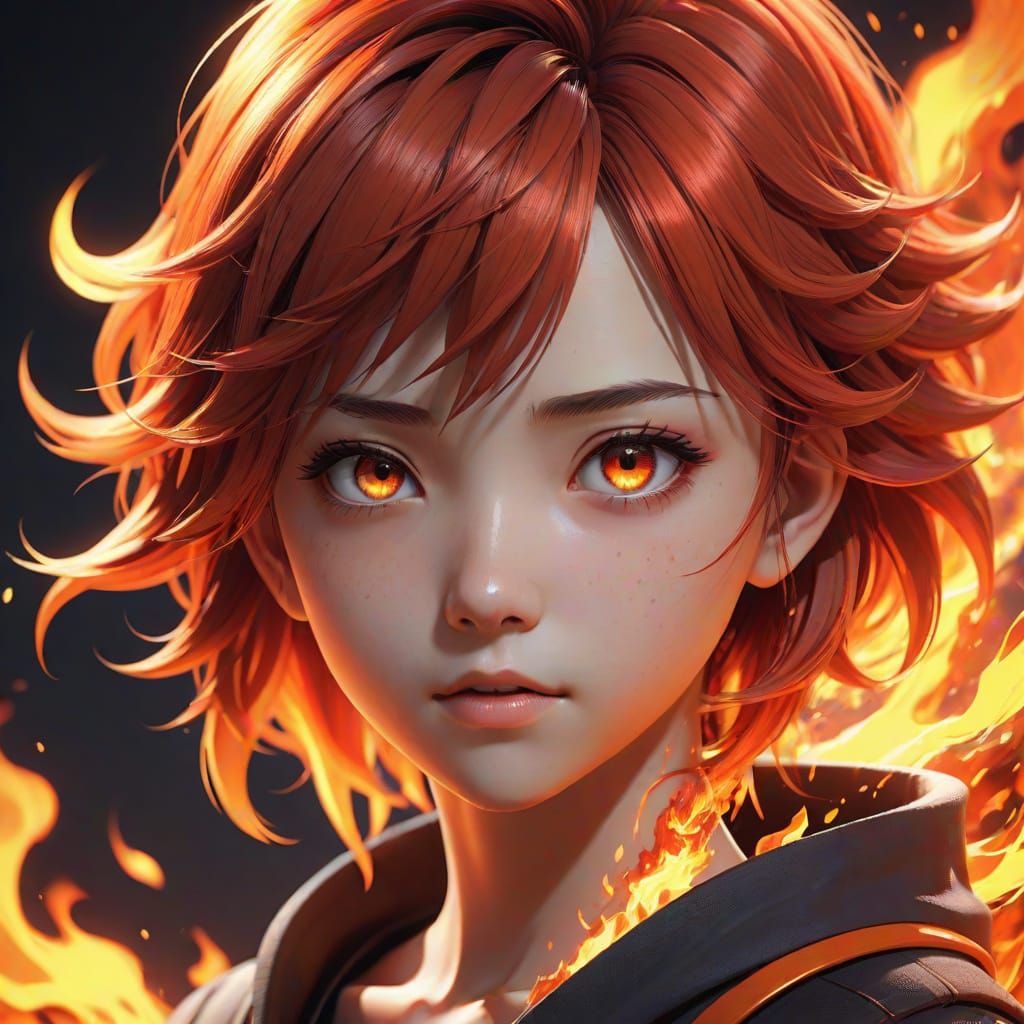 Fiery Anime Portrait of a Girl in Flames