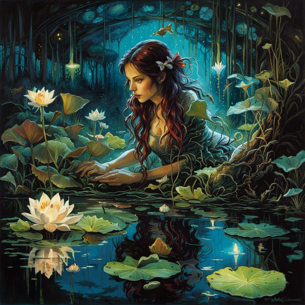 Bioluminescent Poison Ivy in Lotus Pond Reflection