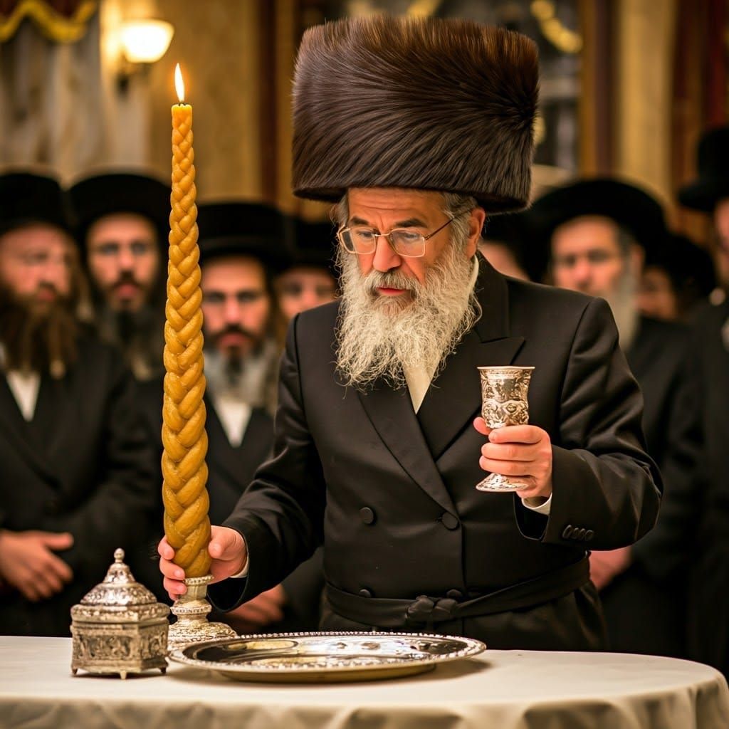 Revered Hasidic Rebbe Leads Havdalah Ceremony in Warm Golden...