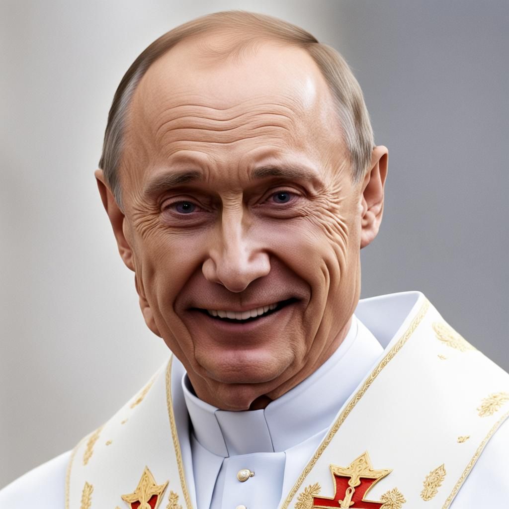 Vladimir Putin is like a priest in white robes and smiling