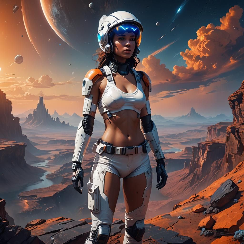 a young woman in a white bikini and an astronaut helmet stan...