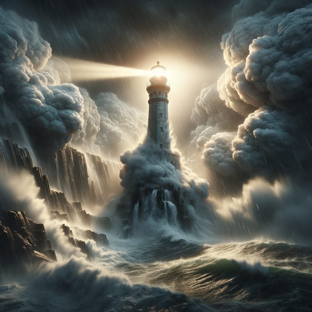 A lighthouse stands tall amidst a raging storm, its beam cutting through the thick fog and torrential rain. Waves crash ...