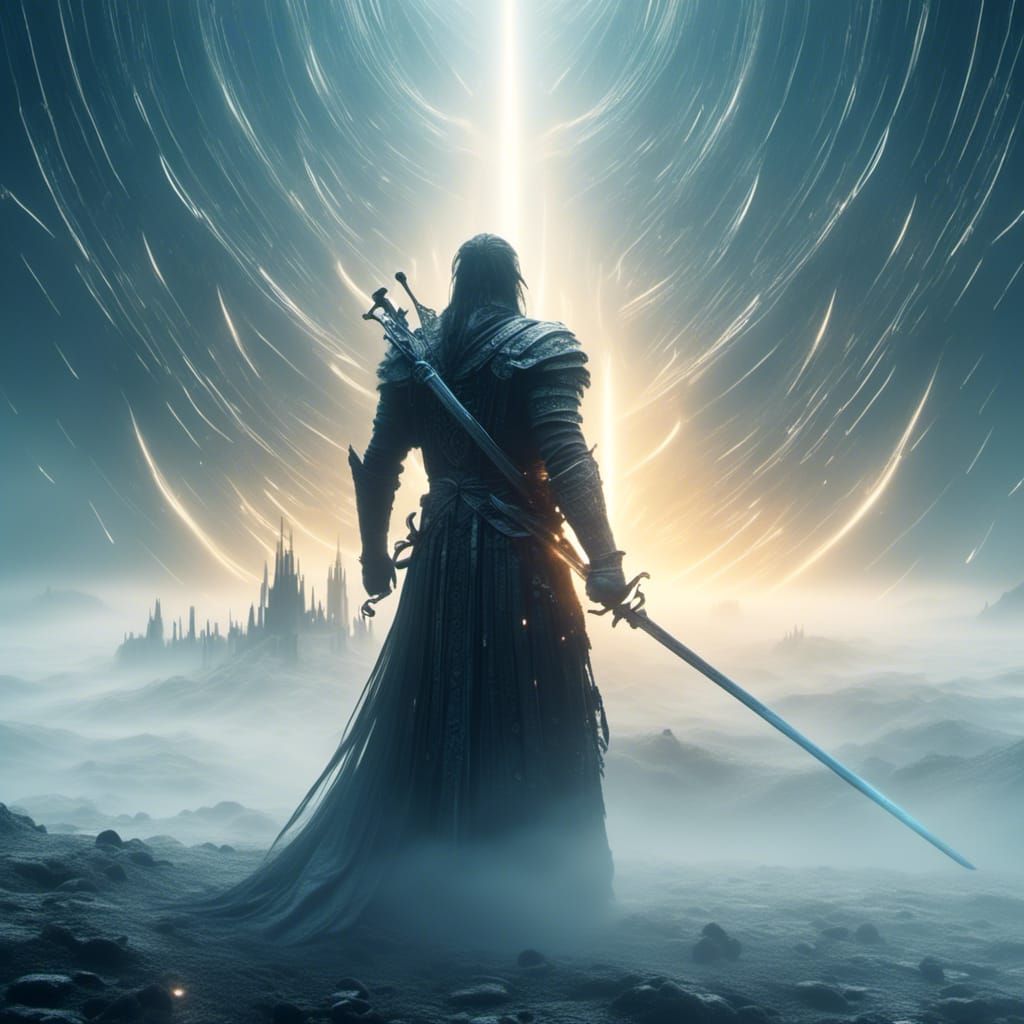  <lora:SDXL-WETA-FX:1.0> A lone warrior holding a glowing sword, surrounded by swirling fog