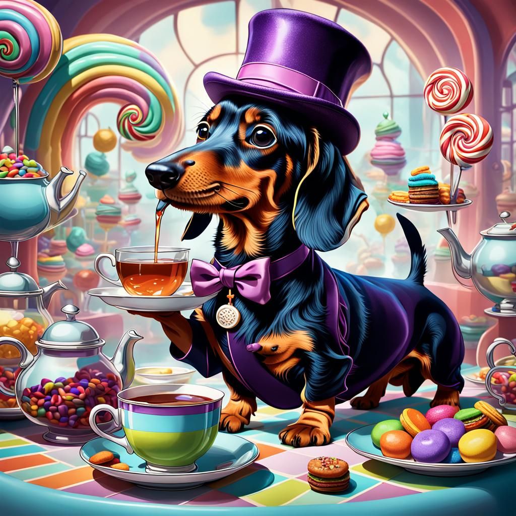 a dachshund having tea with Willy Wonka
