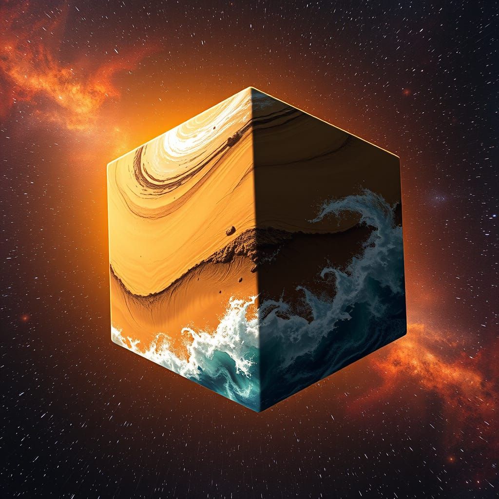 on the silhouette of a cube-shaped planet in deep space. on the planet, desert storms coexist with water storms