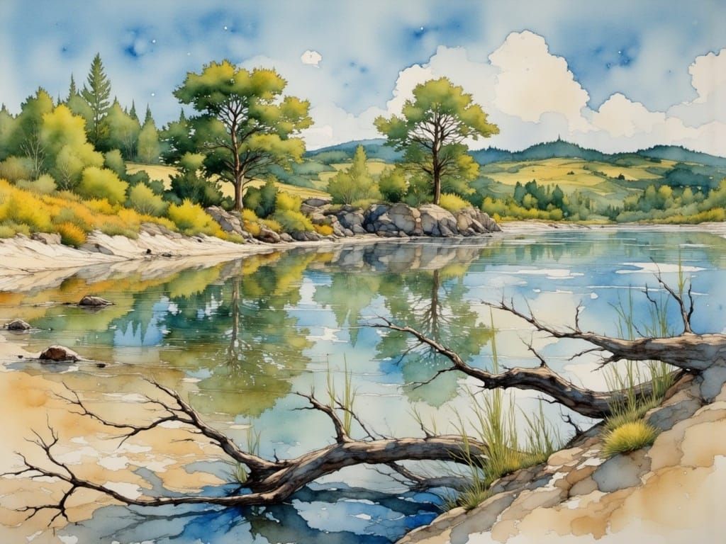 <lora:Flux - Painterly:1.0> river watercolor Mark Brooks and...
