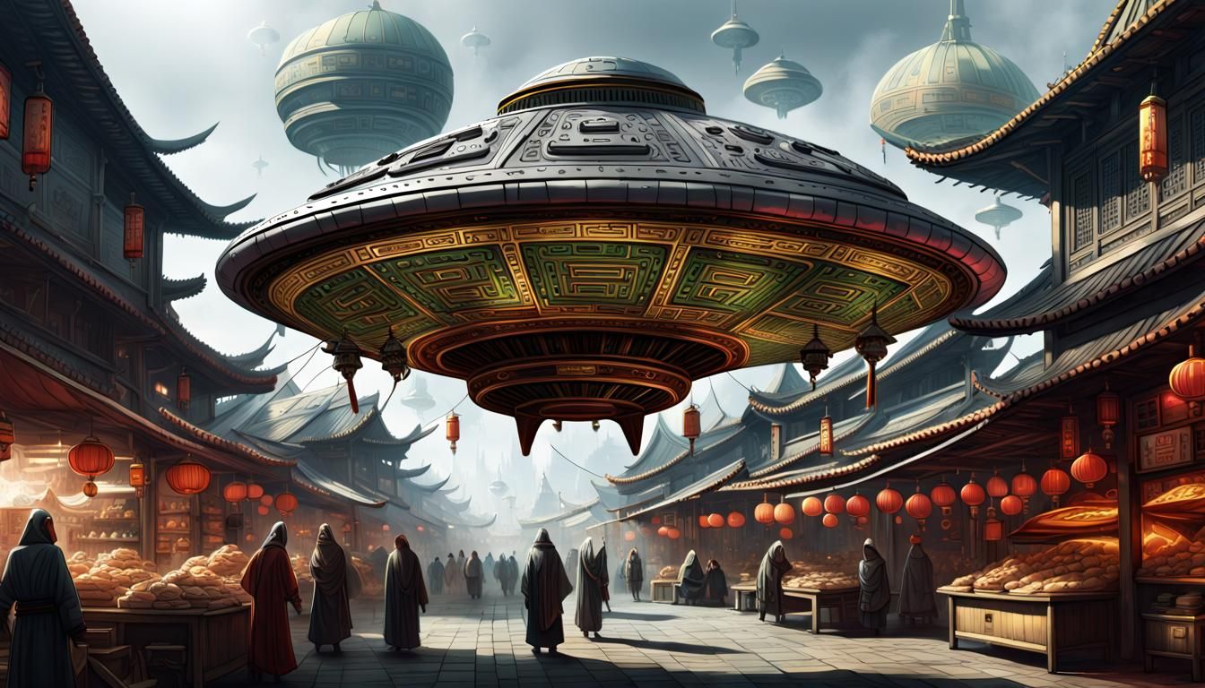 UFO visit to a medieval Chinese market   by @Bephers
