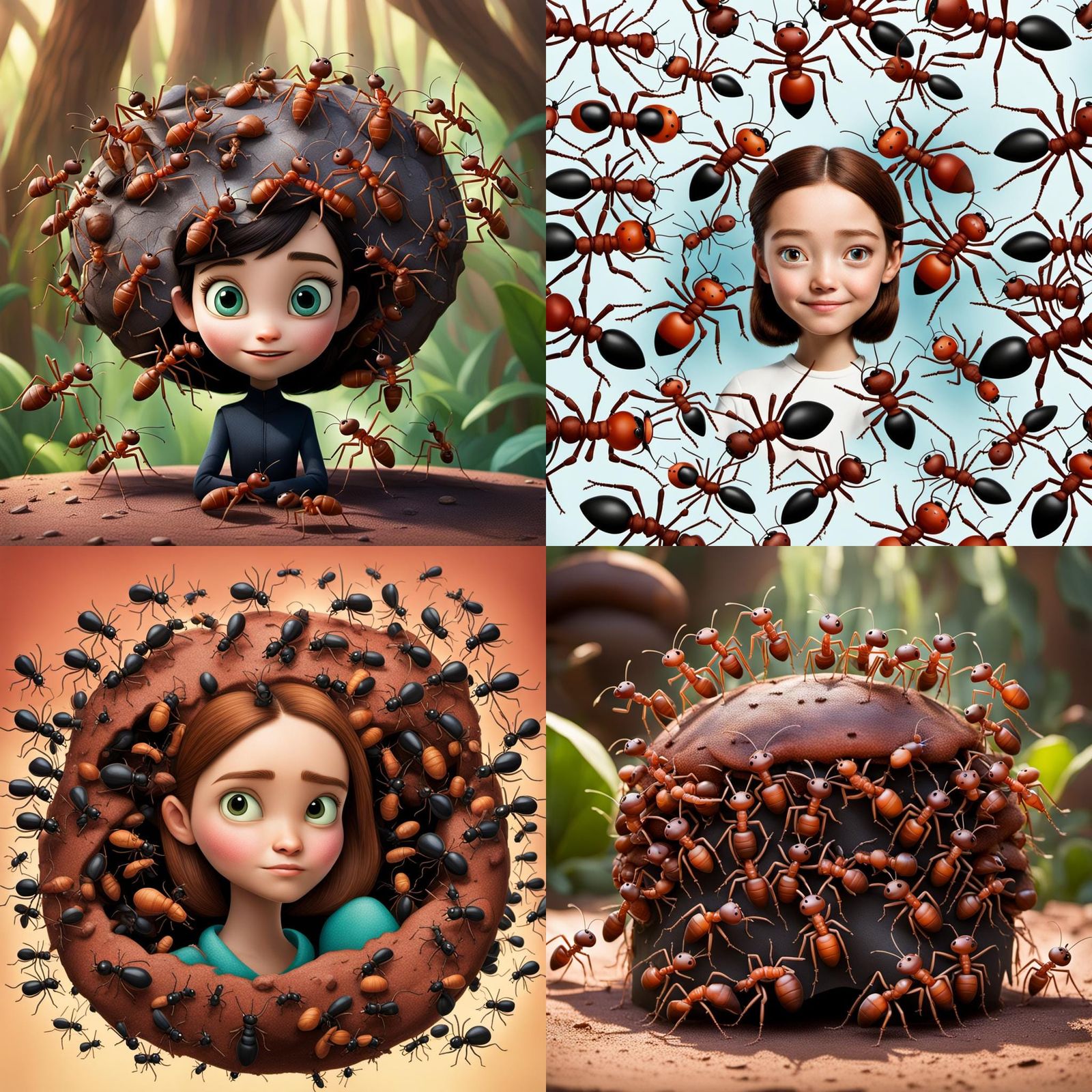A colony of ants inside a head of a girl inside out disney
