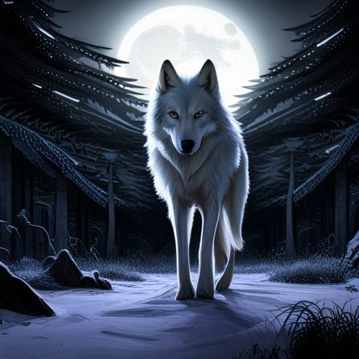 White wolf in night forest - AI Generated Artwork - NightCafe Creator