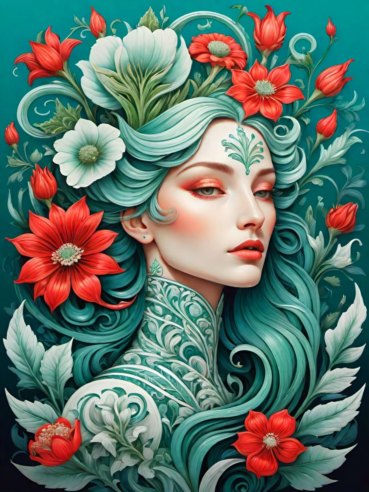 Ornate floral design, woman as detailed depiction of a styli...