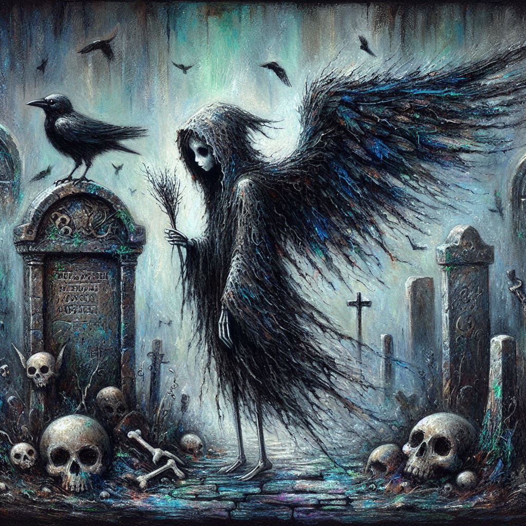 Whimsical Black angel Zdzislaw Beksinski inspired