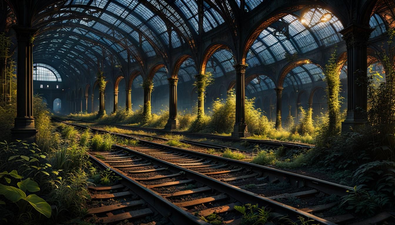 Ruins of a huge abandoned historic train station hall with train tracks and platforms, overgrown by plants ...  by @Tina auf der Blumenwiese