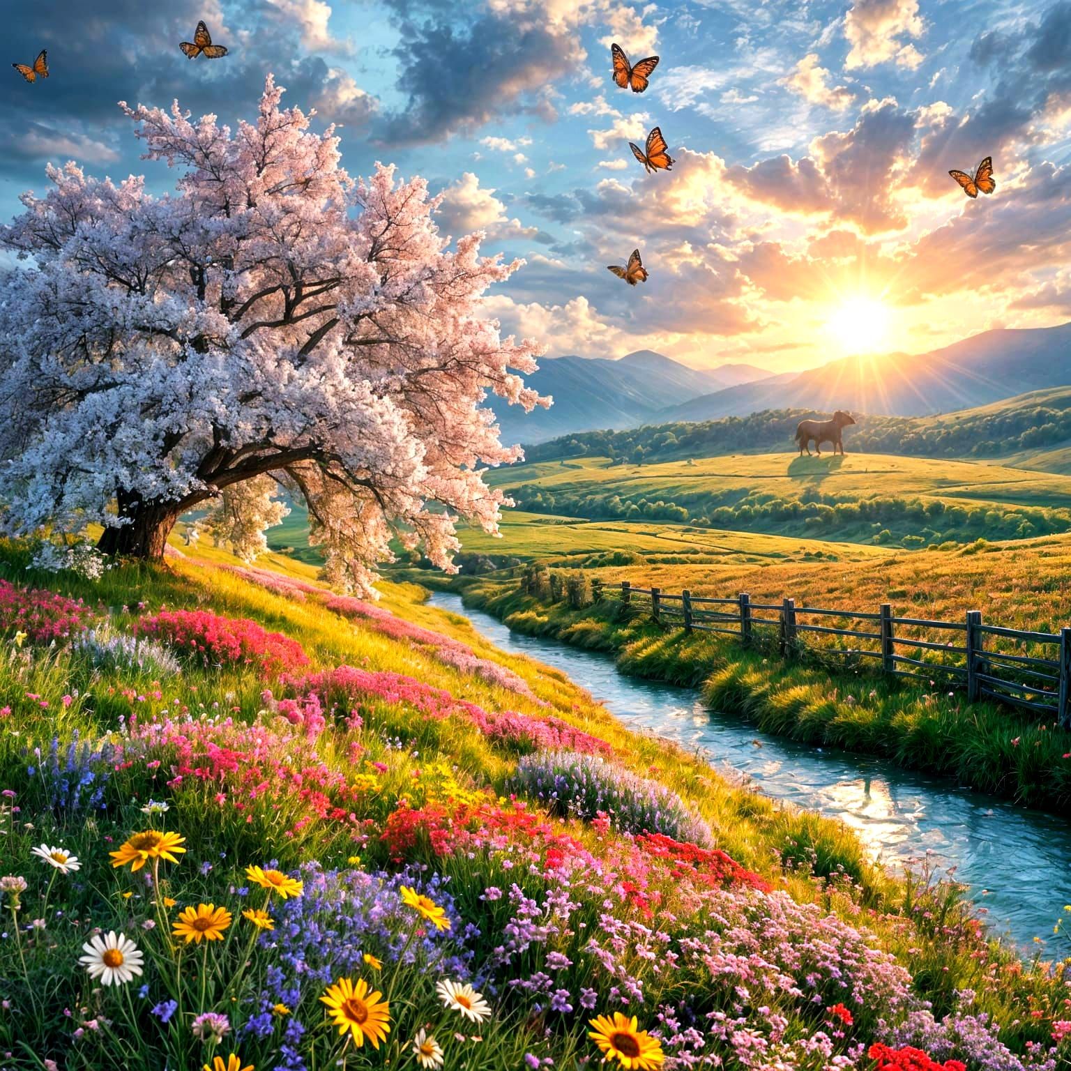Landscape rolling hills of wildflowers, butterflies cherry blossom treees next to a sparkling river fence with horses in...