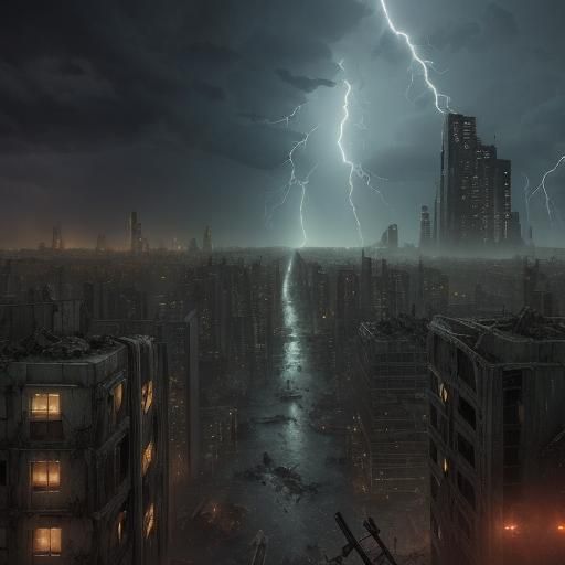 a post-apocalyptic metropolis after a war at night during a ...