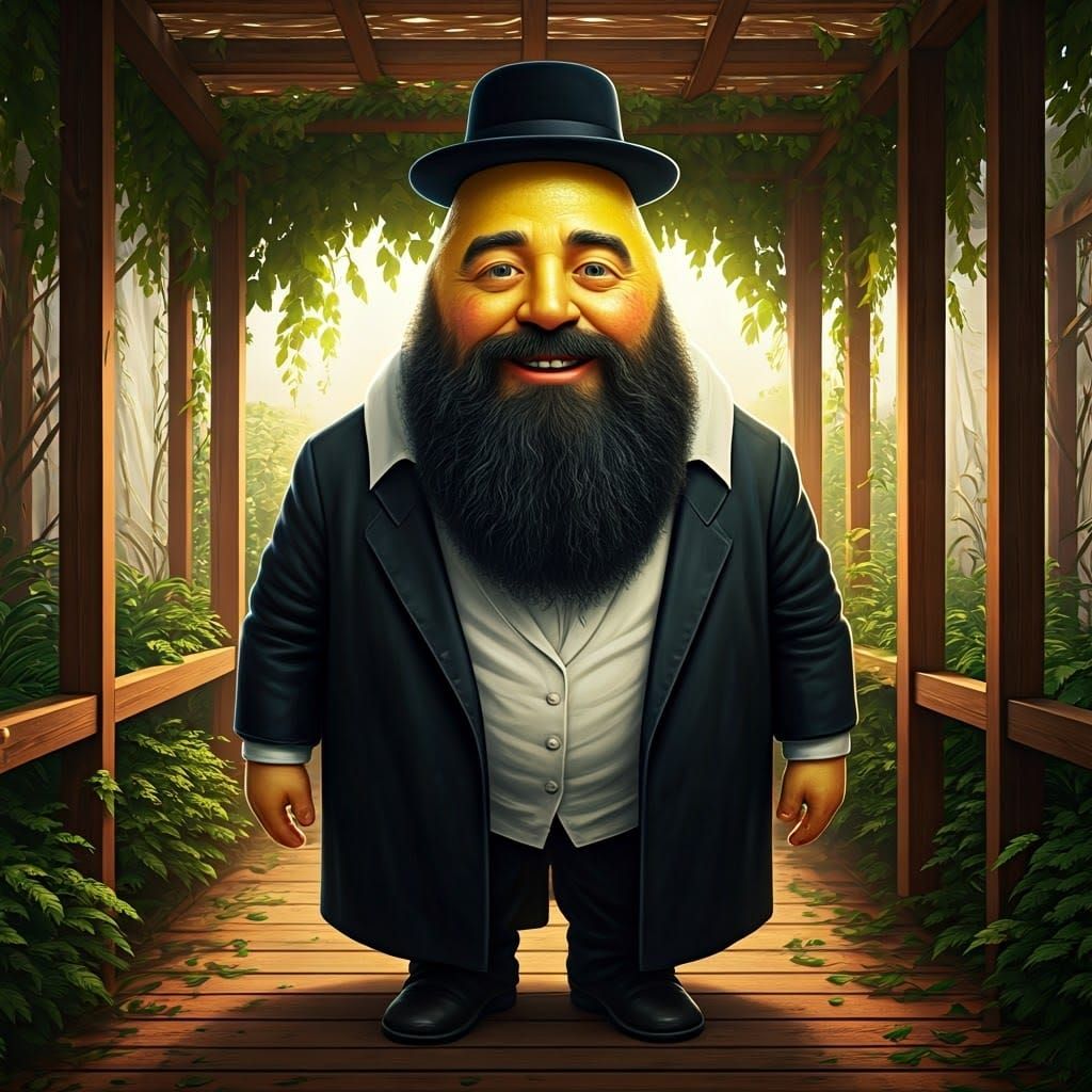 Joyful Anthropomorphic Etrog in a Sukkah, digital art