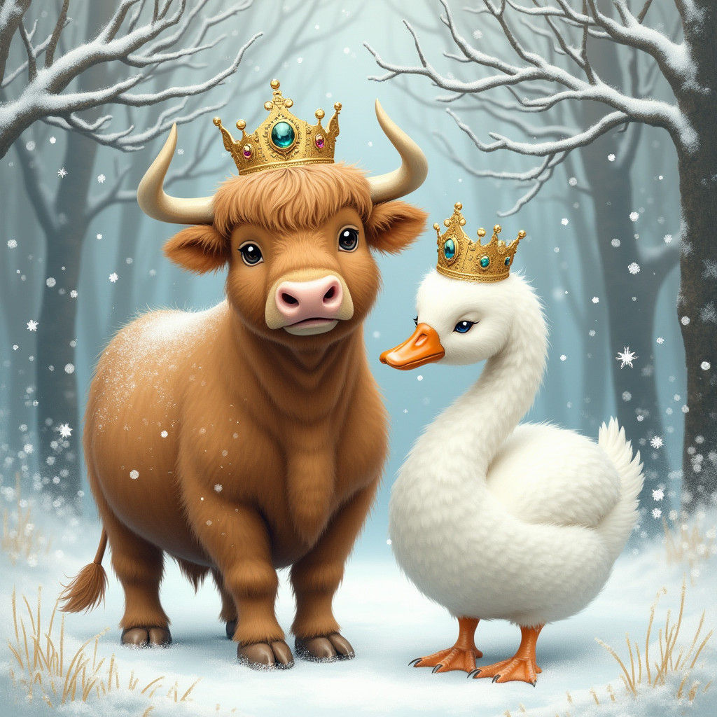 Highland cow and a Swan in the snow with crowns on their hea...