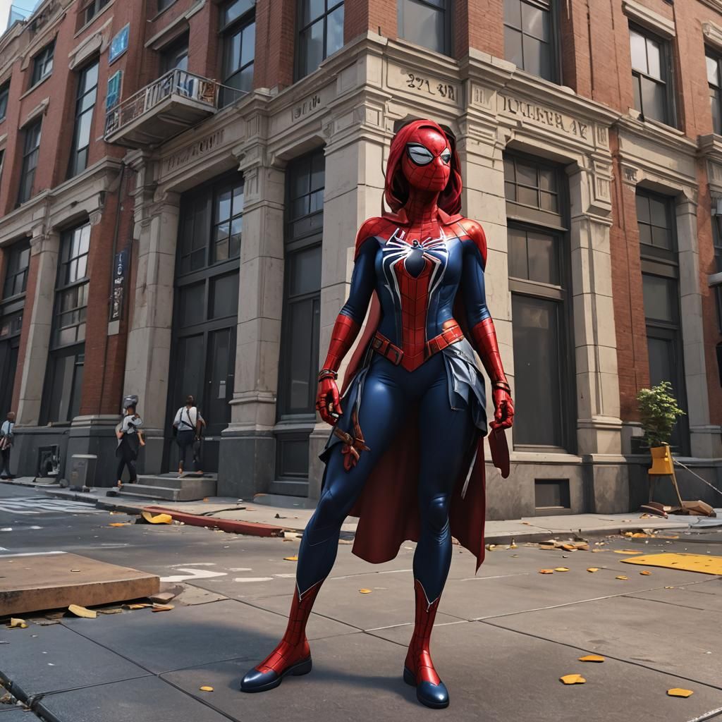 Girl Spider-Man. In front of the building.