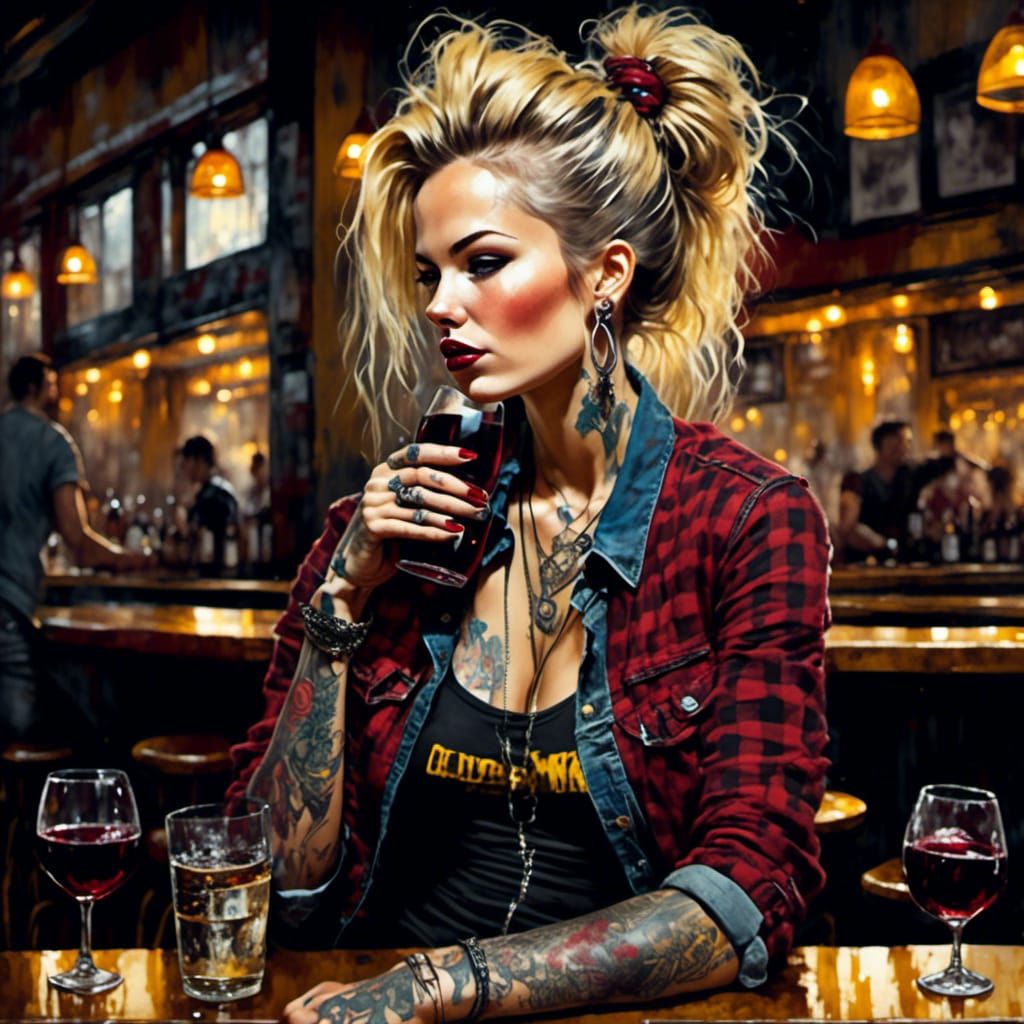 <lora:GrungePunkStyle:1.0> An elegant and alluring , tattooed woman with messy, long blonde hair pulled back into a bun, sitting at a bar si...