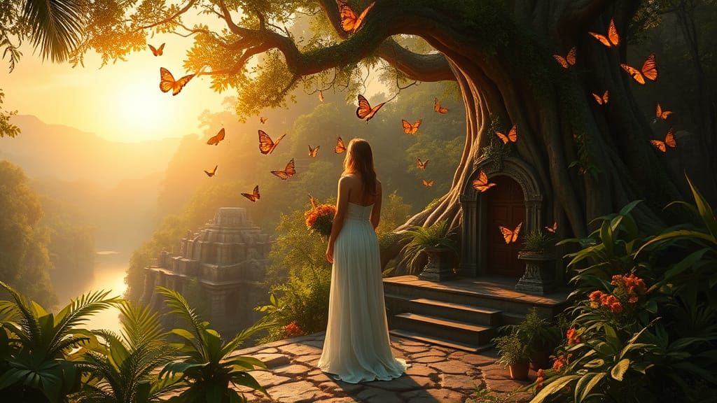 oil on canvas, wide angle, goddess of nature, life symbol, spring sunrise, Amazon rainforest, golden light, ancient overgrown temple, jungle...