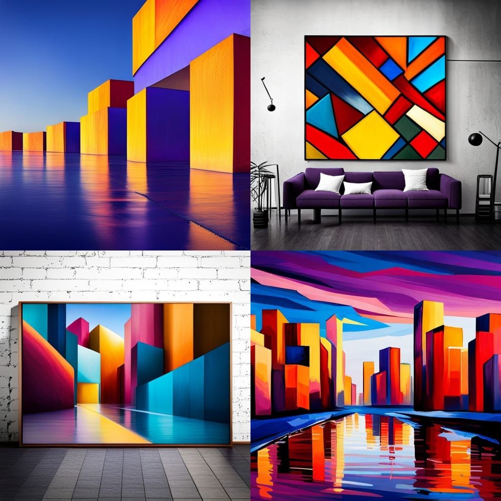 geometric shape art, purple, yellow, blue, red, black and wh...