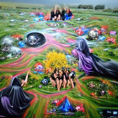 Witches gathering in a beautiful flowery field