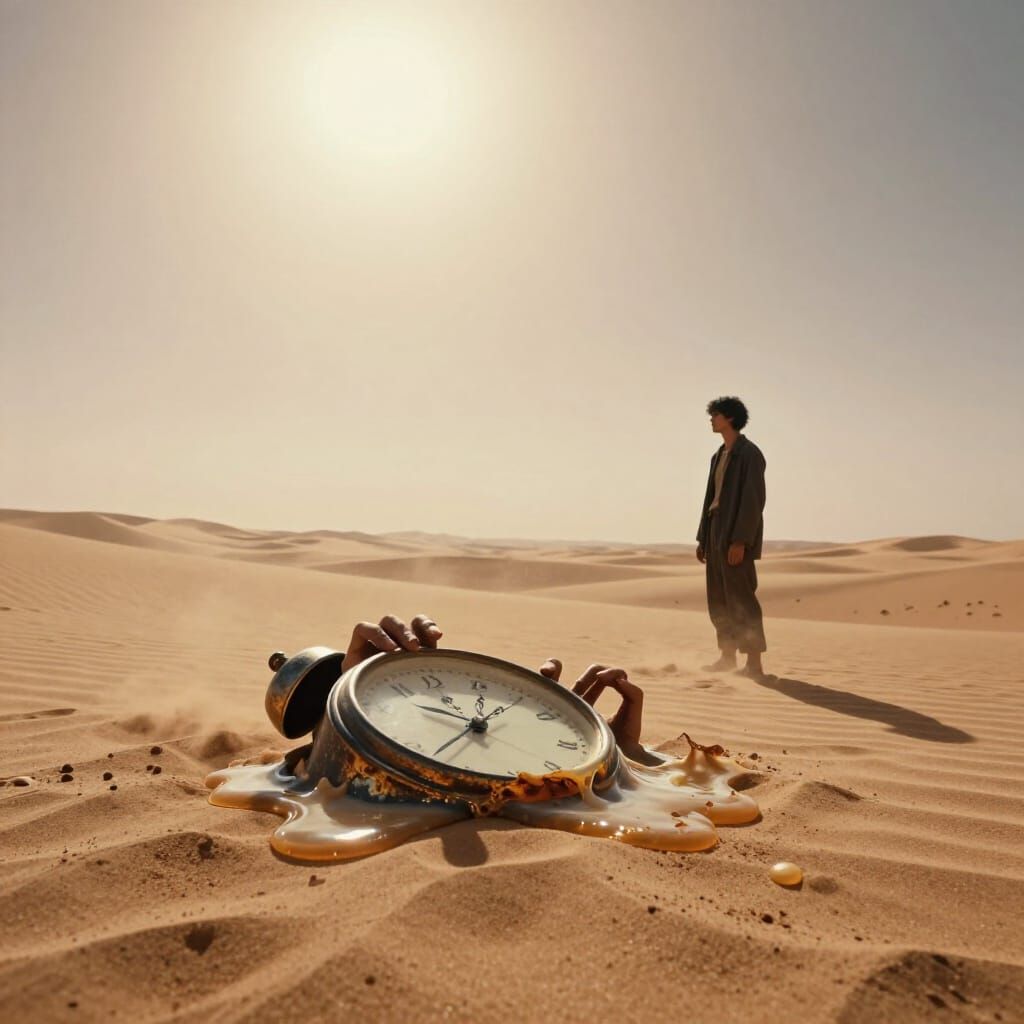 Melting Clock in Desert Landscape