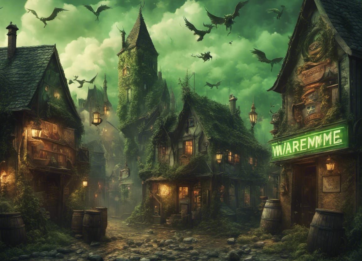 a green demonic small town displaying "Waremme" on the entrance sign and beer bottles falling from the ...  by @undefined