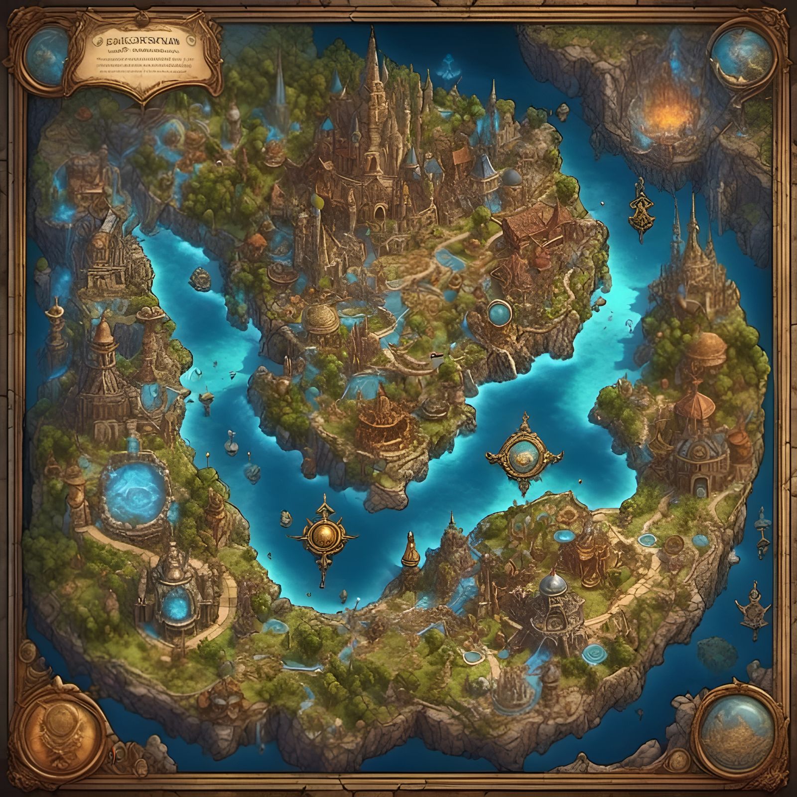 A mystical (djinn map:1.3) adorned with (blue glow crystals:1.2 ...