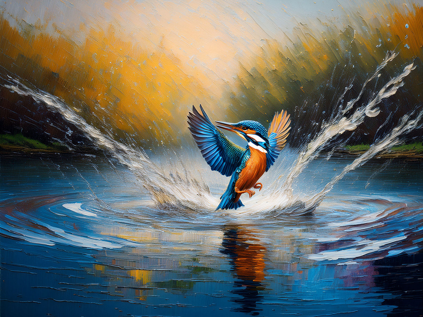 A breathtaking neo-impressionist oil painting of a kingfishe...