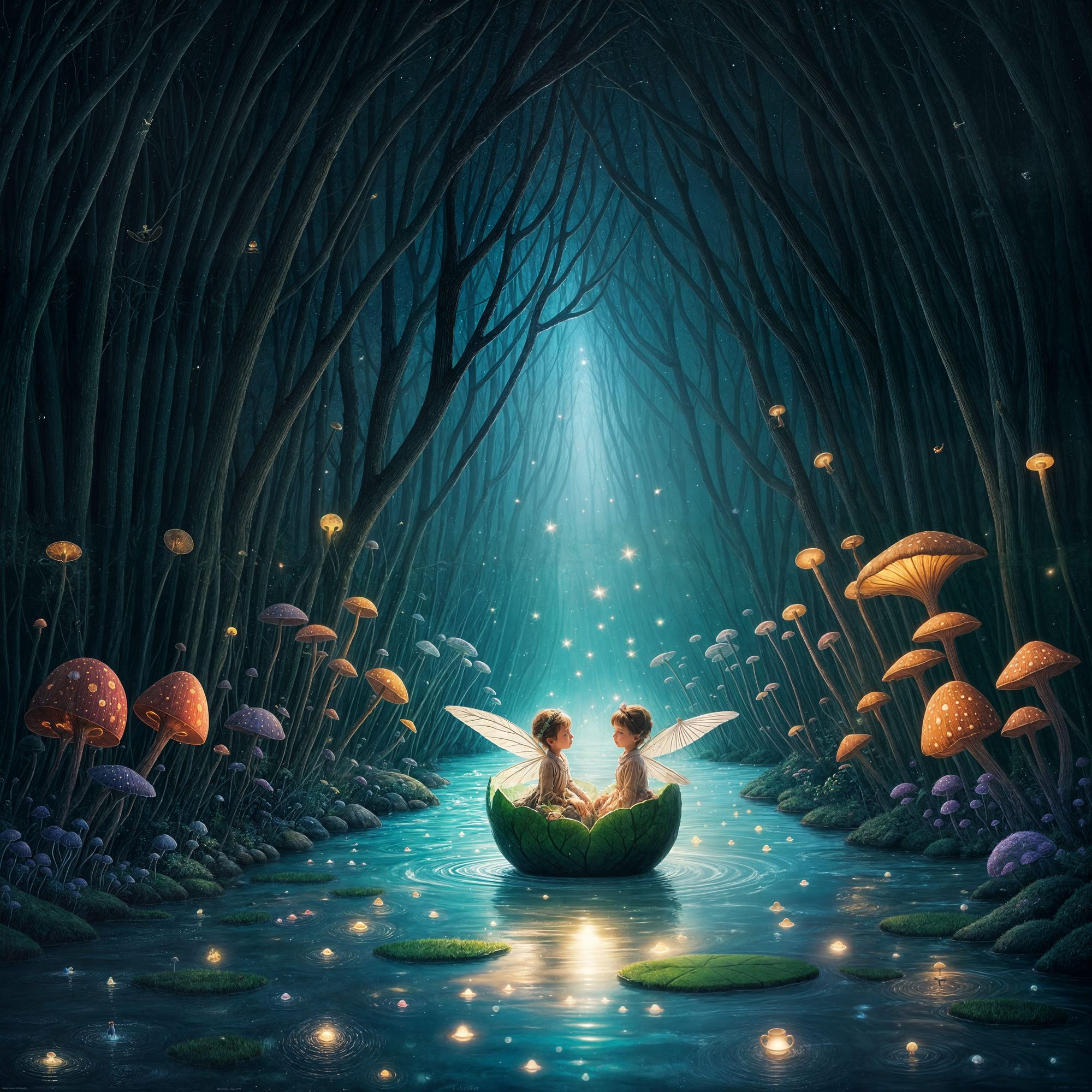 A whimsical scene of a pair of river sprites ride in a teacup shaped leaf floating gently down a river of liquid starlight, surrounded by ti...