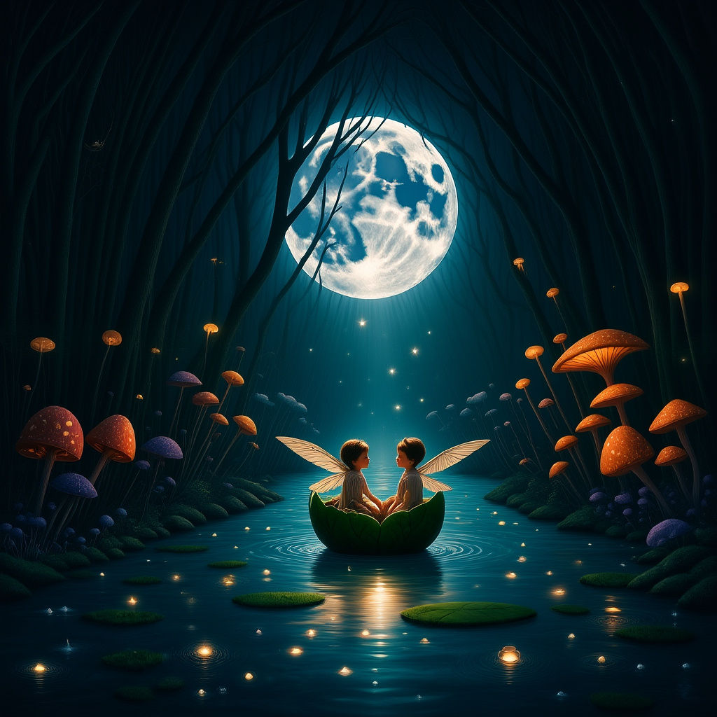 A whimsical scene of a pair of river sprites ride in a teacup shaped leaf floating gently down a river ...  by @ChefNate01