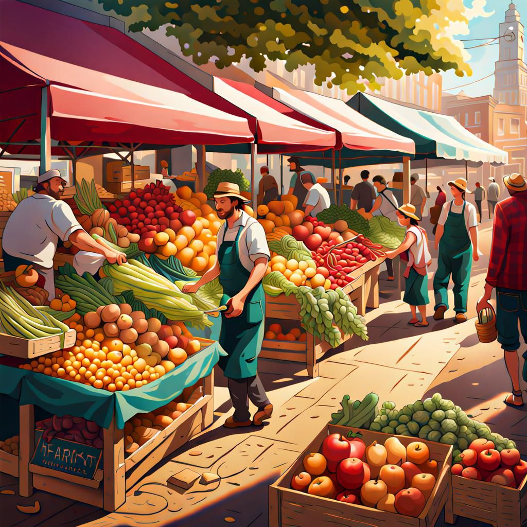 Vibrant illustrations showcasing a bustling farmer's market ...