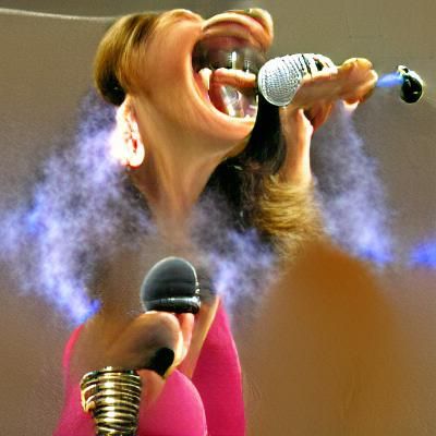 Woman singing a high note with a microphone