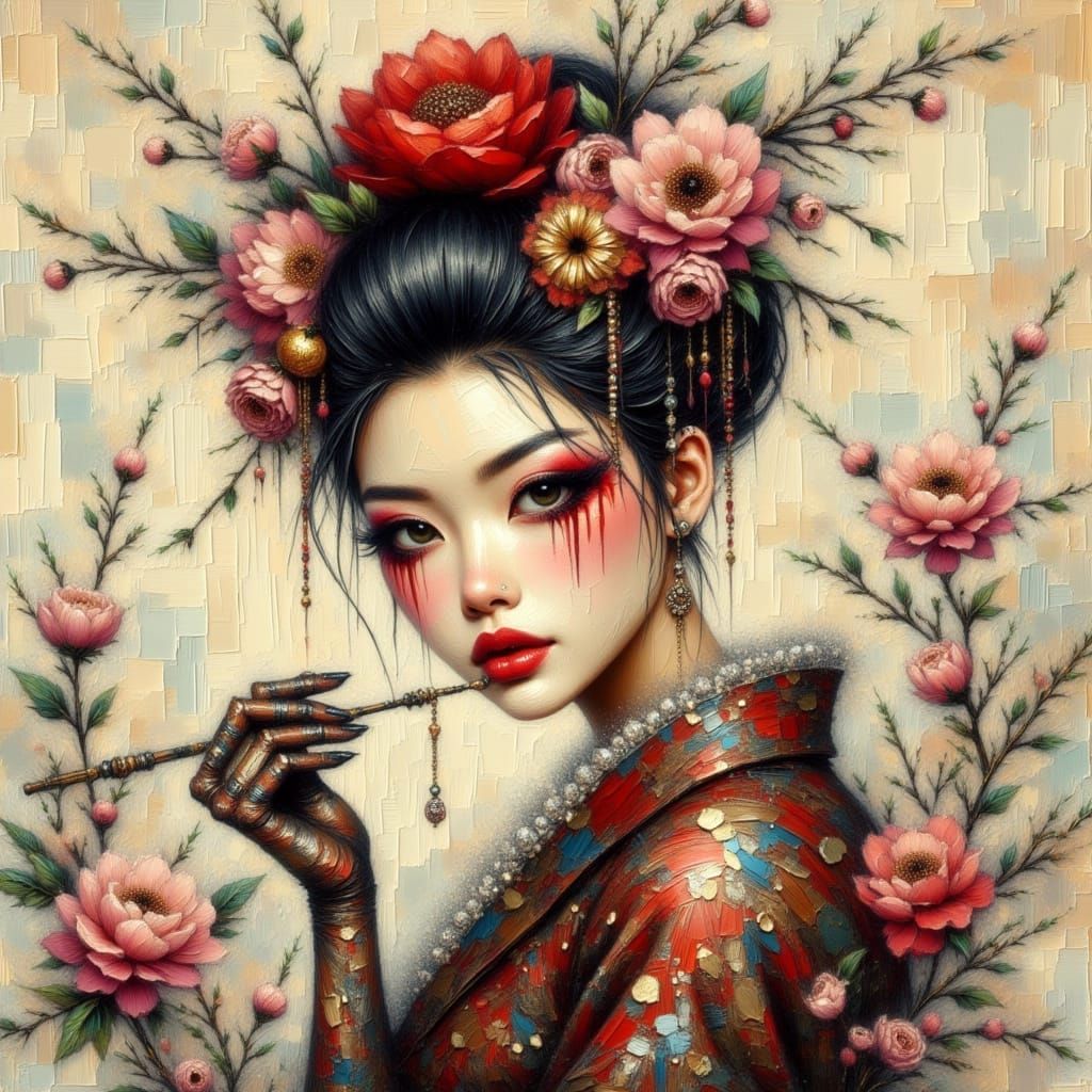 <lora:HRH-oil-and-grunge:1.0> Oil and watercolour, a stunningly beautiful, curvy exotic geisha with blooms,hyper detailed , grunge