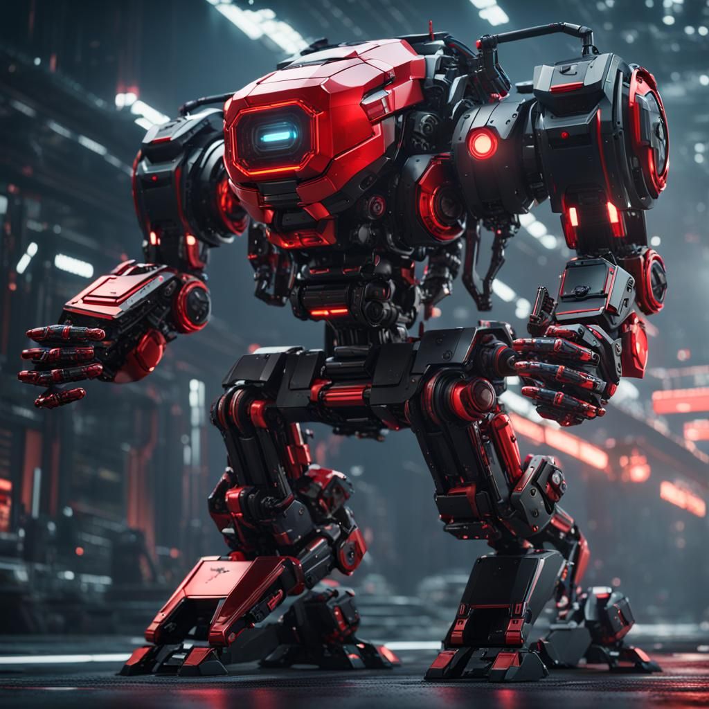 black and red robot with arm gun and a jetpack