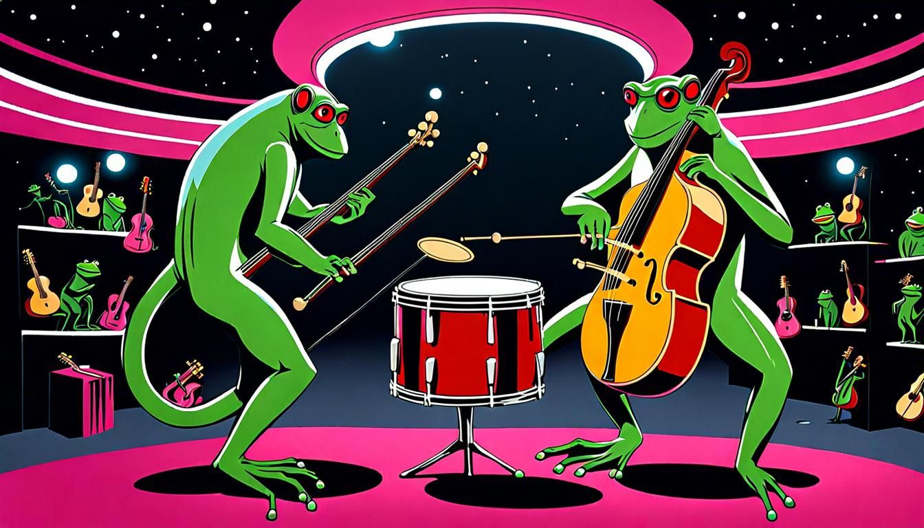 The monkey plays the chrome double bass and the frog accompa...
