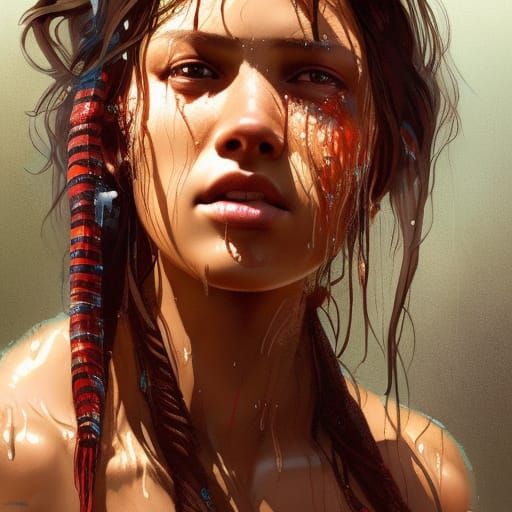 American Indian girl, wet hair and skin, head portrait, 1000...