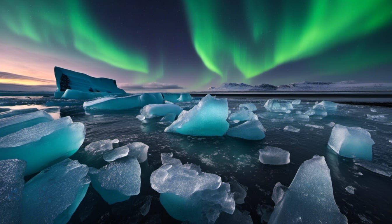 <lora:EpicLandscapes10:1.0> RAW Photo, ultra realistic, crisp, ultrasharp, a icelandic beach scene, ice chunks, aurora borealis, epic shot,...