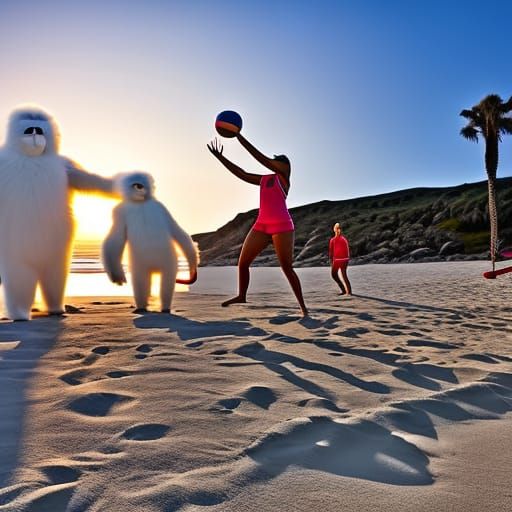 Happy Yeti playing volleyball with ladies at the beach at sunset AI Generated Artwork